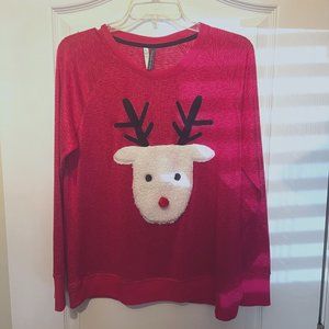 Jaclyn Intimates-Long Sleeve Red Shirt-Reindeer on Front-Size Large-Christmas